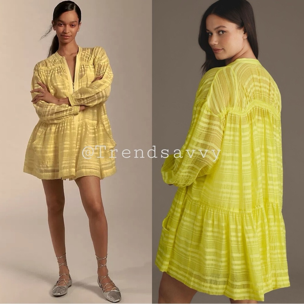 Anthropologie Yellow Oversized Long Sleeve Mini Dress Size L Vacation Boho NWT